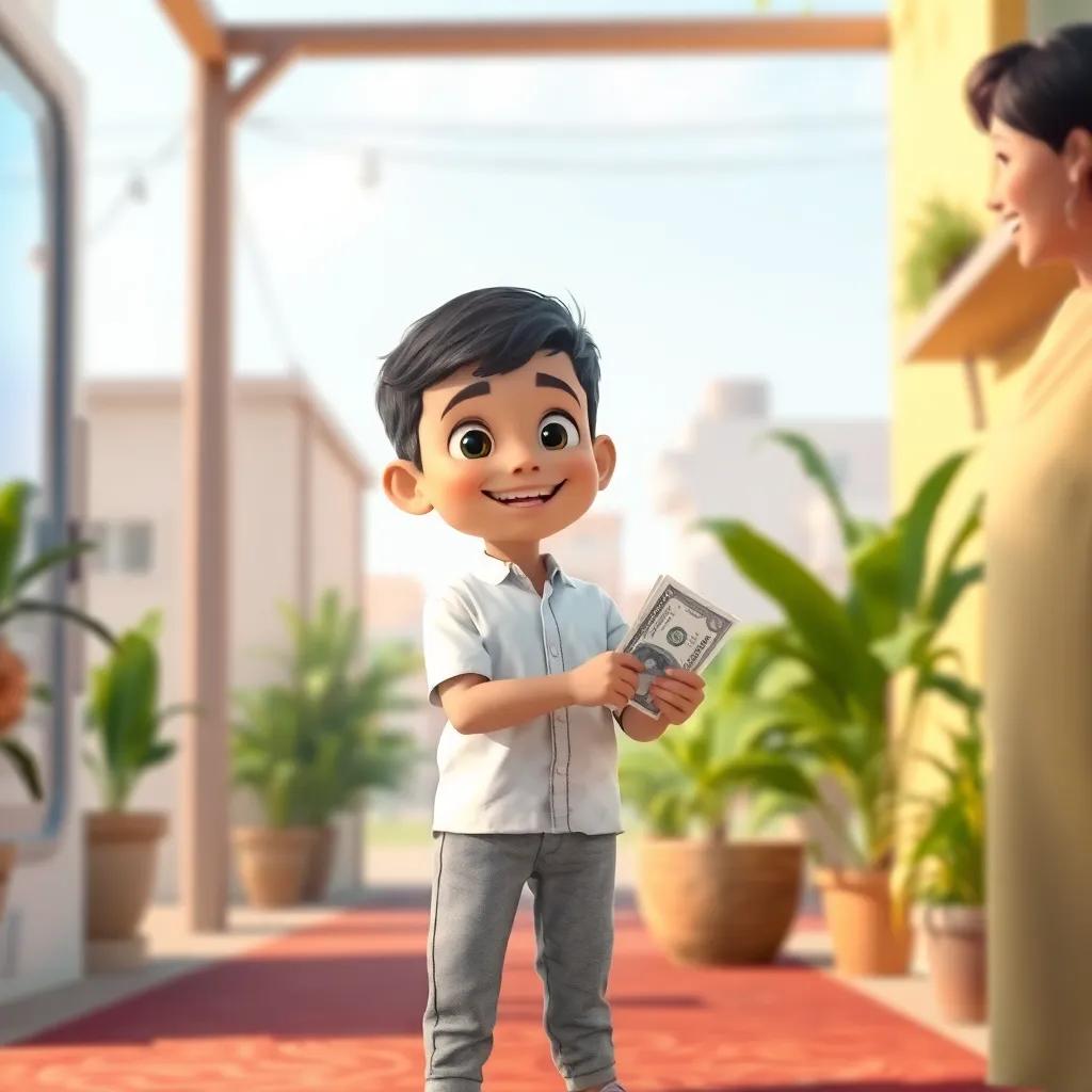 A young Kuwaiti boy, Ali, with short black hair, wearing a white shirt and grey pants, receiving daily allowance from his parents with a big smile, digital art, cheerful atmosphere, bright colors, playful perspective, high quality
