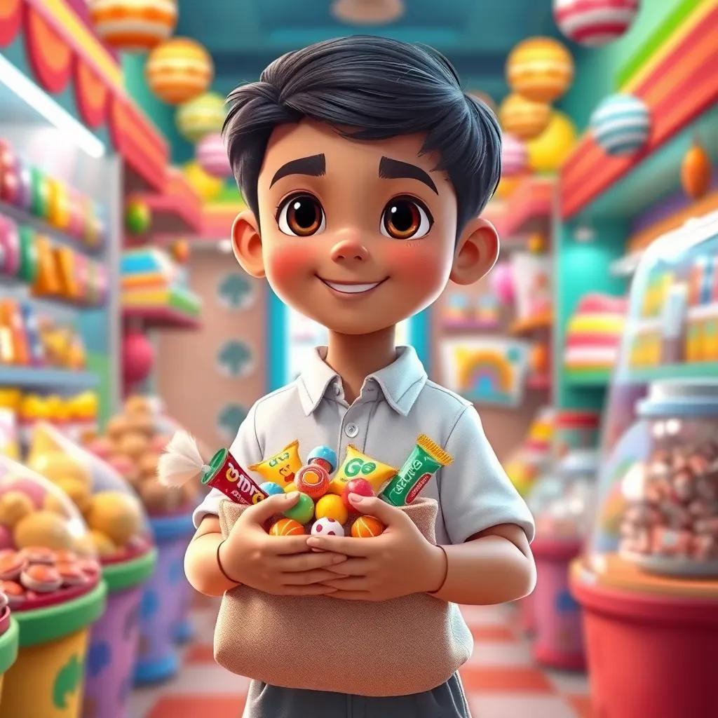 Ali, a young Kuwaiti boy with short black hair, wearing a white shirt and grey pants, holding a bag full of candies and small toys in a colorful shop, cheerful look, vibrant colors, child-friendly, lively atmosphere, detailed