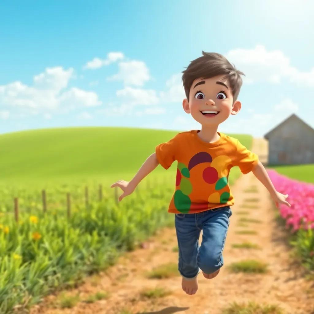 A young Arab boy, Ali, with short, dark hair, wearing a colorful t-shirt and jeans, excitedly running towards a farm in bright sunlight, full of green fields and blue sky, digital art, vibrant colors, cheerful atmosphere, high quality