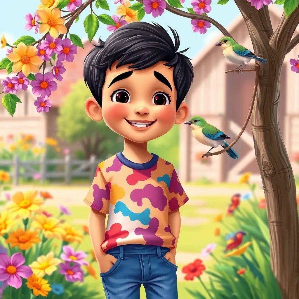 A young Arab boy, Ali, with short, dark hair, wearing a colorful t-shirt and jeans, smiling at a small singing bird perched on a tree branch, surrounded by colorful flowers, in a bright and cheerful farm setting, illustration, bright colors, happy scene, high quality