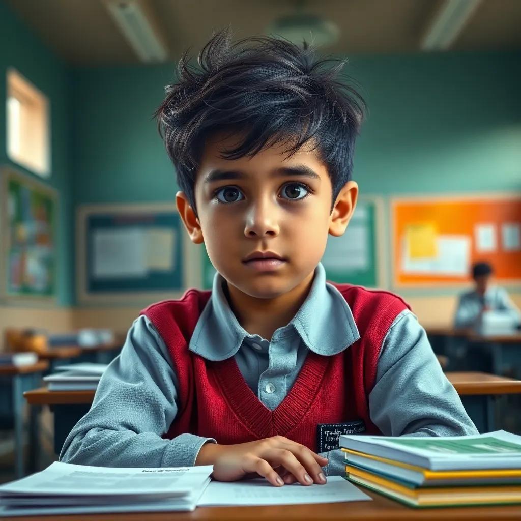 A young Arabic boy, Ali, looking nervous in a classroom, with messy dark hair and wearing a school uniform, sitting at a desk filled with books and papers, digital art, vibrant colors, tense atmosphere, high quality