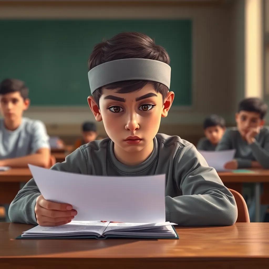 A young Arabic boy, Ali, sitting at his desk during an exam, looking anxious with a sheet of paper in front of him, glancing at his friend's paper, while the teacher watches him, detailed digital illustration, focused expression, tense lighting, high quality