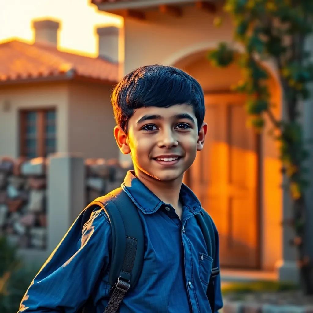 A young Arab boy, Imad, with short black hair, wearing a blue shirt and carrying a backpack, standing in front of his house as the sun rises, warm light, vibrant colors, cheerful atmosphere, high quality