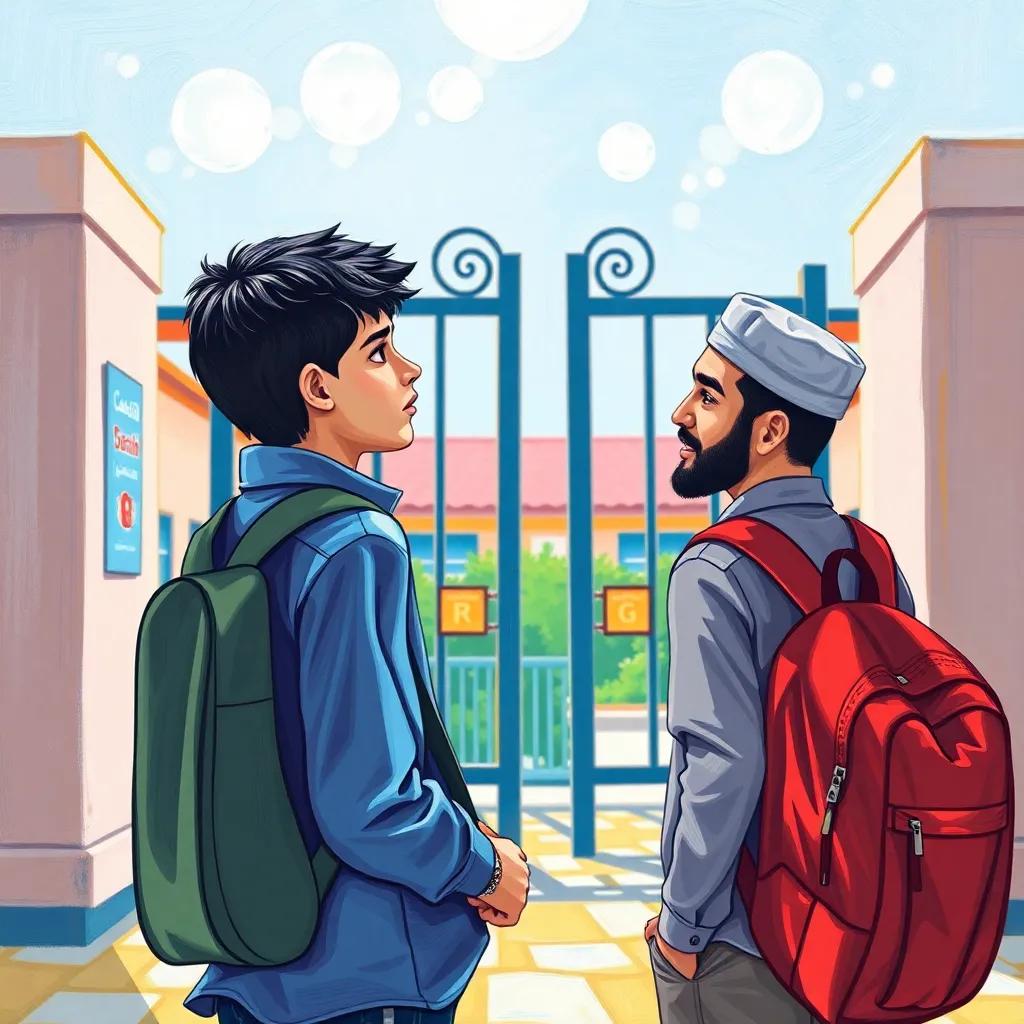 A young Arab boy, Imad, with short black hair, wearing a blue shirt and a backpack, talking to his friend Omar in front of the school gate, bright day, colorful school environment, exciting engagement, high quality