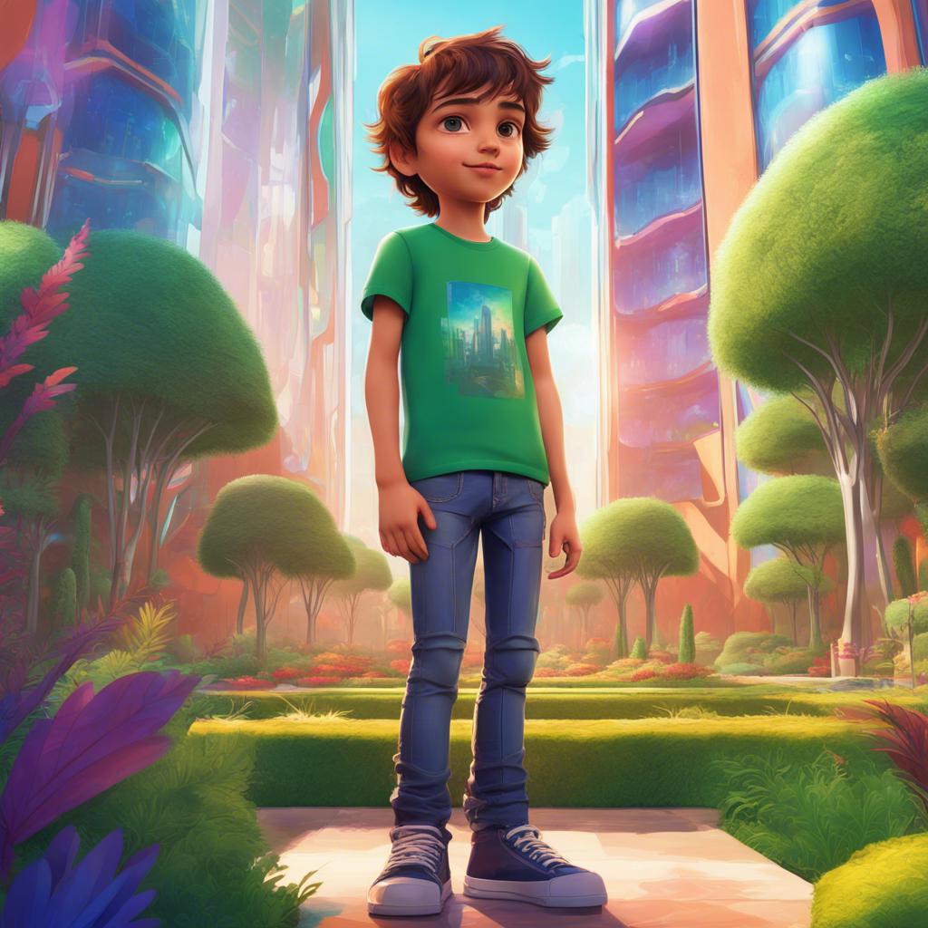 Sami, a young Arab boy, with short brown hair, wearing a bright t-shirt and jeans, standing in front of a big futuristic building with glass and green gardens, digital art, vibrant colors, cheerful atmosphere, high quality