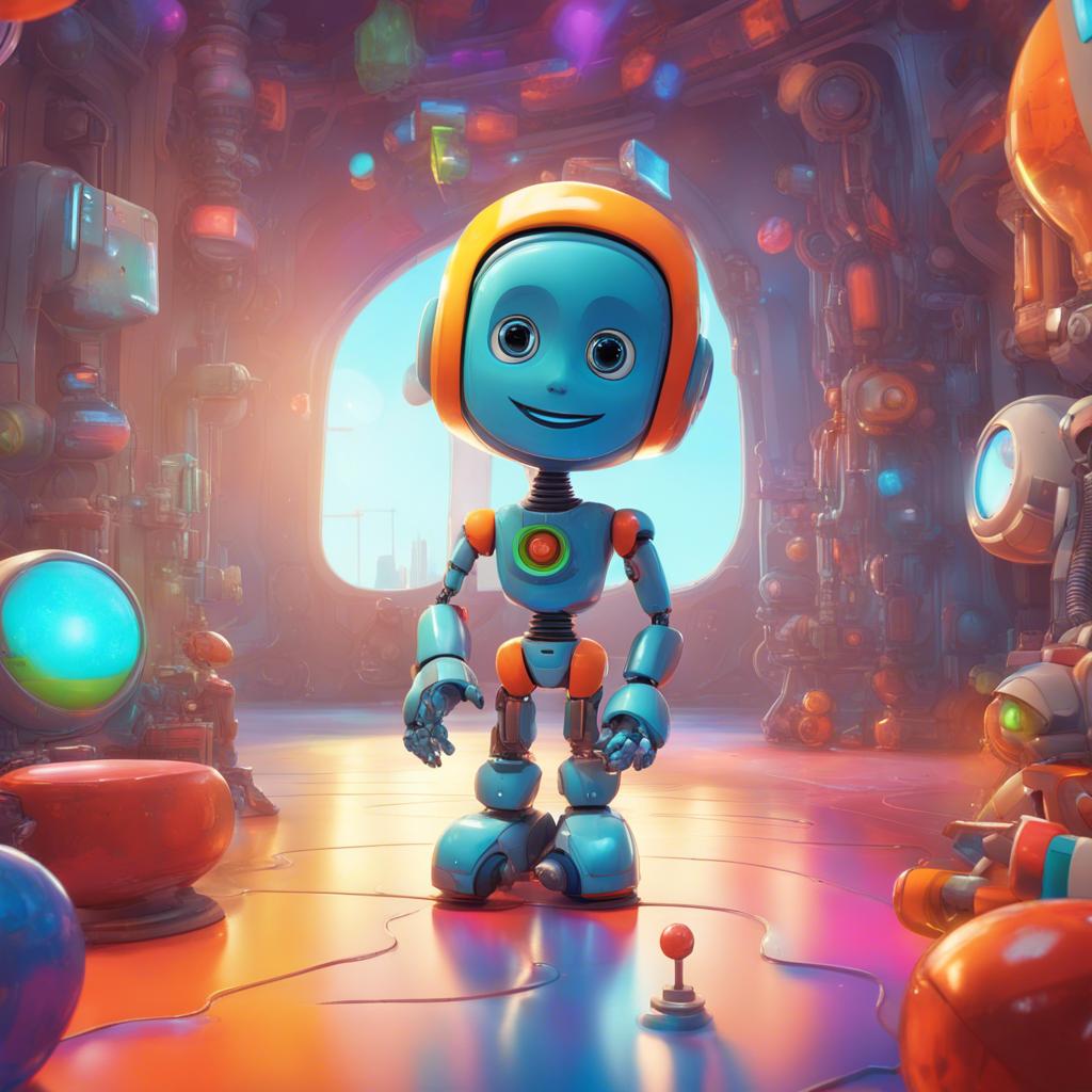 A friendly robot welcoming Sami, a young Arab boy, inside a futuristic building, with colorful educational toys around, digital art, exciting atmosphere, child-friendly