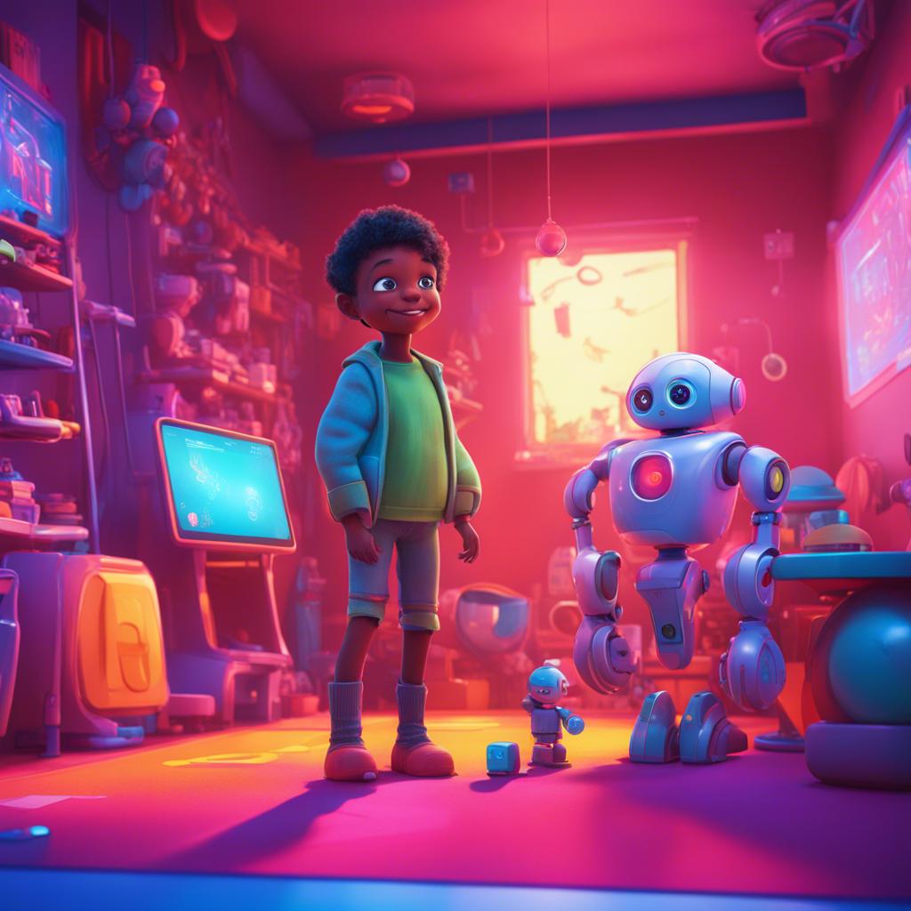 Sami and the robot in a high-tech playroom with interactive toys, Sami smiling and playing with a talking game, digital art, bright colors, energetic environment, high quality