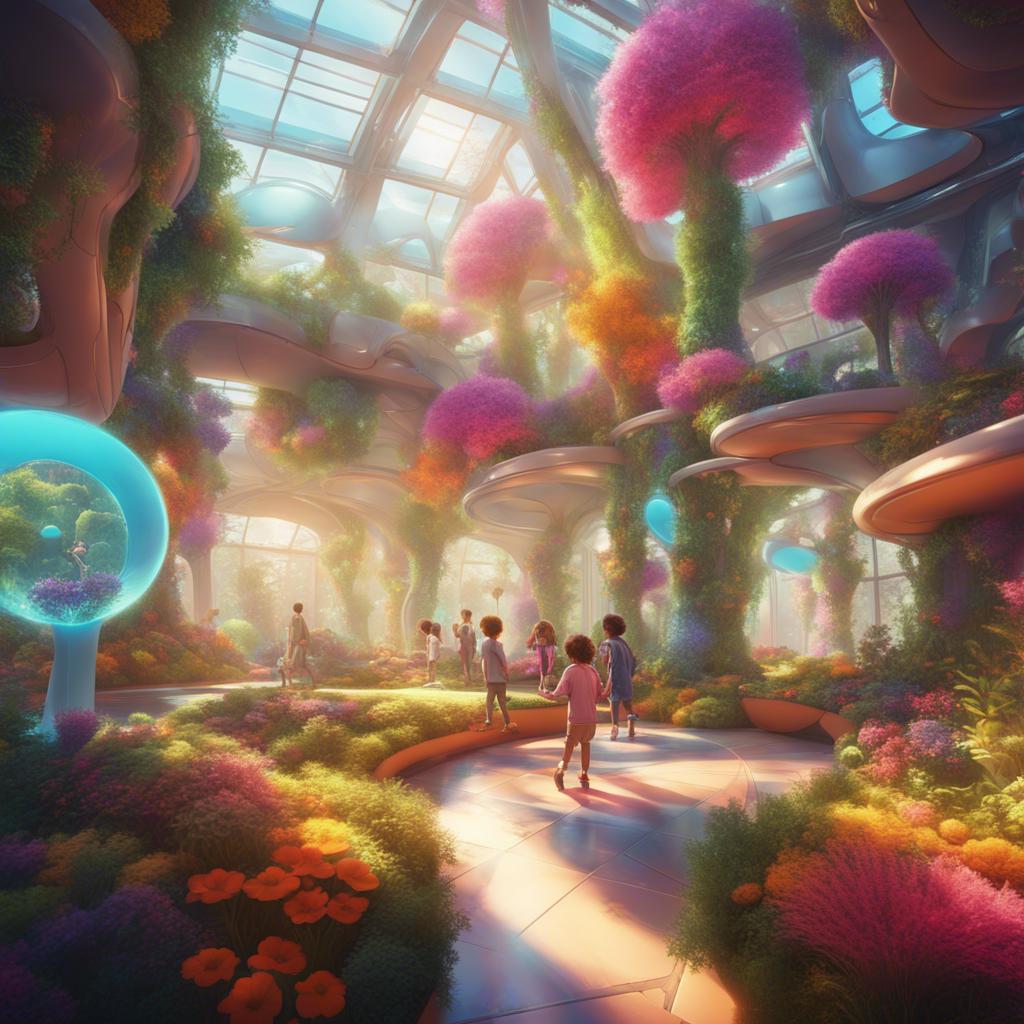 The indoor garden in the futuristic building, where children play among talking trees and colorful flowers, with sunlight streaming in, digital art, vibrant colors, joyful ambiance, high quality