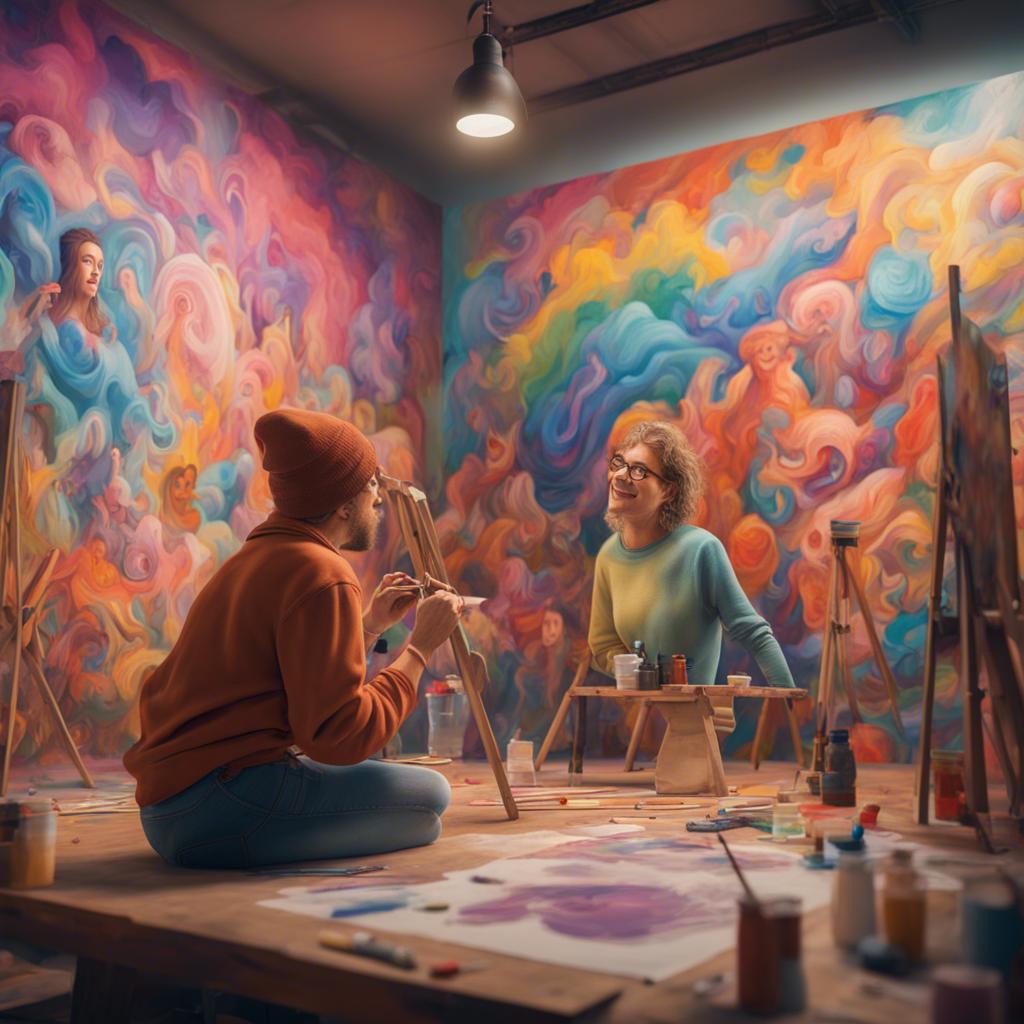 Sami observing artists painting lively murals in an art studio, excited expression, digital art, colorful, creative atmosphere, high quality