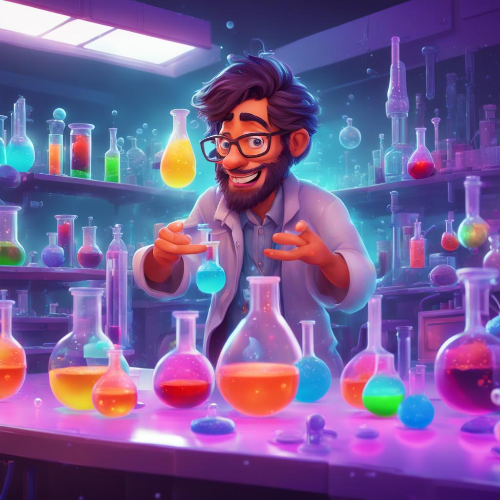 Sami experimenting with science in a high-tech lab with bubbling potions, a look of wonder on his face, digital art, bright colors, engaging environment, high quality