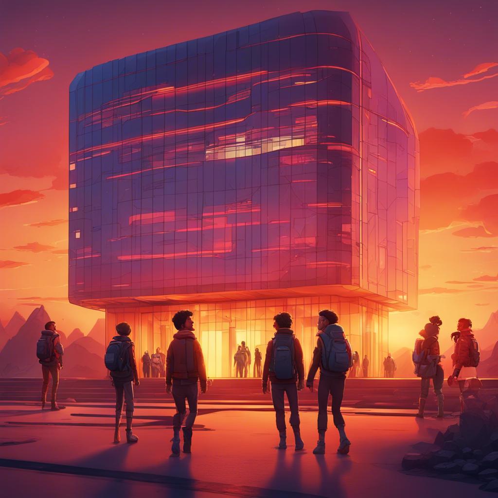 Sami leaving the futuristic building with new friends and ideas, under a sunset sky with the building glowing behind them, digital art, warm colors, fulfilling atmosphere, high quality