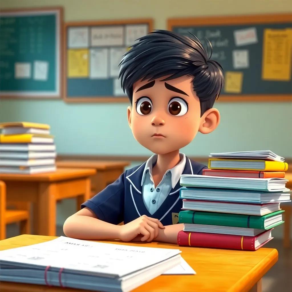 A young boy, Ammar, with short black hair, wearing a school uniform, sitting at a desk piled with math books and papers, looking worried and thoughtful, classroom background, digital art, bright colors, warm and inviting atmosphere, high quality