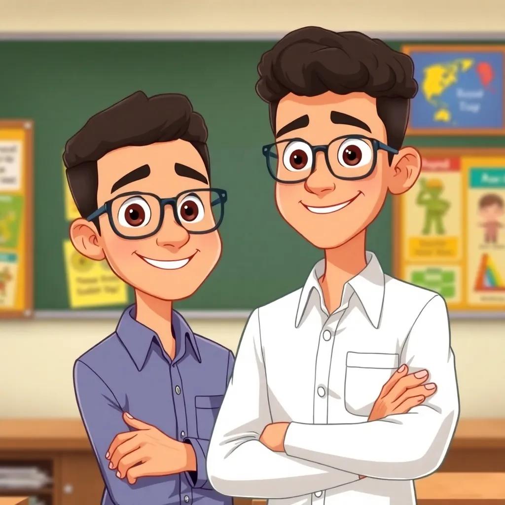 A smiling teacher, Mr. Suleiman, standing beside Ammar, with short curly hair, wearing glasses and a smart shirt, encouraging Ammar with a supportive gesture, classroom setting with colorful posters, illustration, friendly and educational, high quality