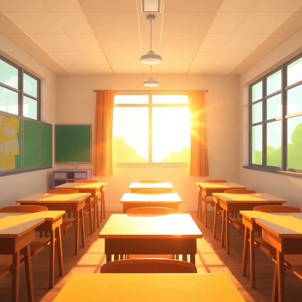 A classroom scene with a hopeful sun shining through the windows, scattering light on the desks, creating a bright and friendly atmosphere in the school, digital painting, realistic, cheerful, uplifting