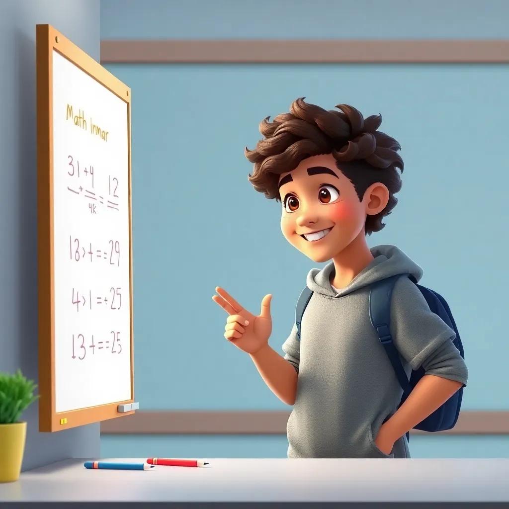 A young boy, Abdullah, with curly brown hair, wearing casual clothes, showing Ammar new math strategies on a whiteboard, both smiling and engaged, interactive learning environment, colorful art, fun and lively