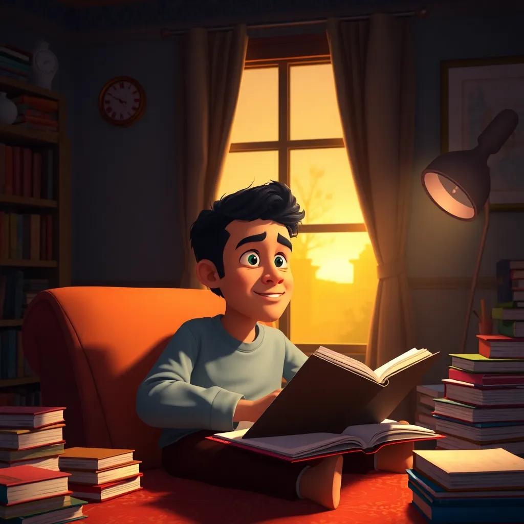 A moment of Ammar studying hard at home in his cozy room, surrounded by books, his face focused with determination, evening light filtering through the window, illustrating the concept of perseverance, warm and inviting