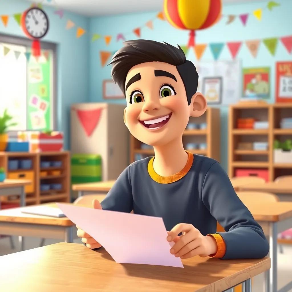 A joyful scene of Ammar sitting in the classroom, receiving his graded paper from Mr. Suleiman, his face beaming with pride, colorful class environment, filled with decorations, bright and cheerful, vibrant colors