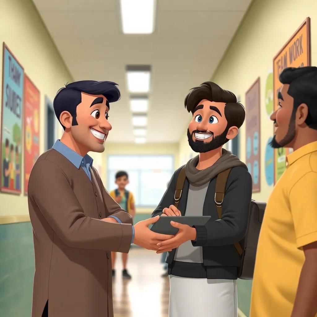 A scene of Ammar thanking Mr. Suleiman and Abdullah, smiling warmly, expressions of gratitude and friendship, in a school hallway decorated with posters about teamwork and success, uplifting mood