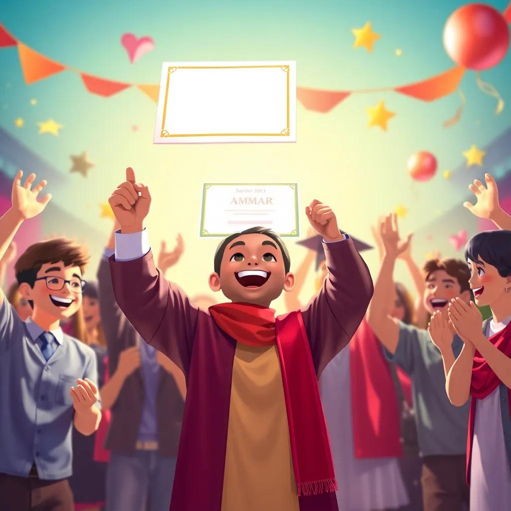 A celebratory moment with Ammar holding his certificate proudly in the air with his classmates cheering, bright colors, exciting atmosphere, showcasing achievement and happiness, cheerful