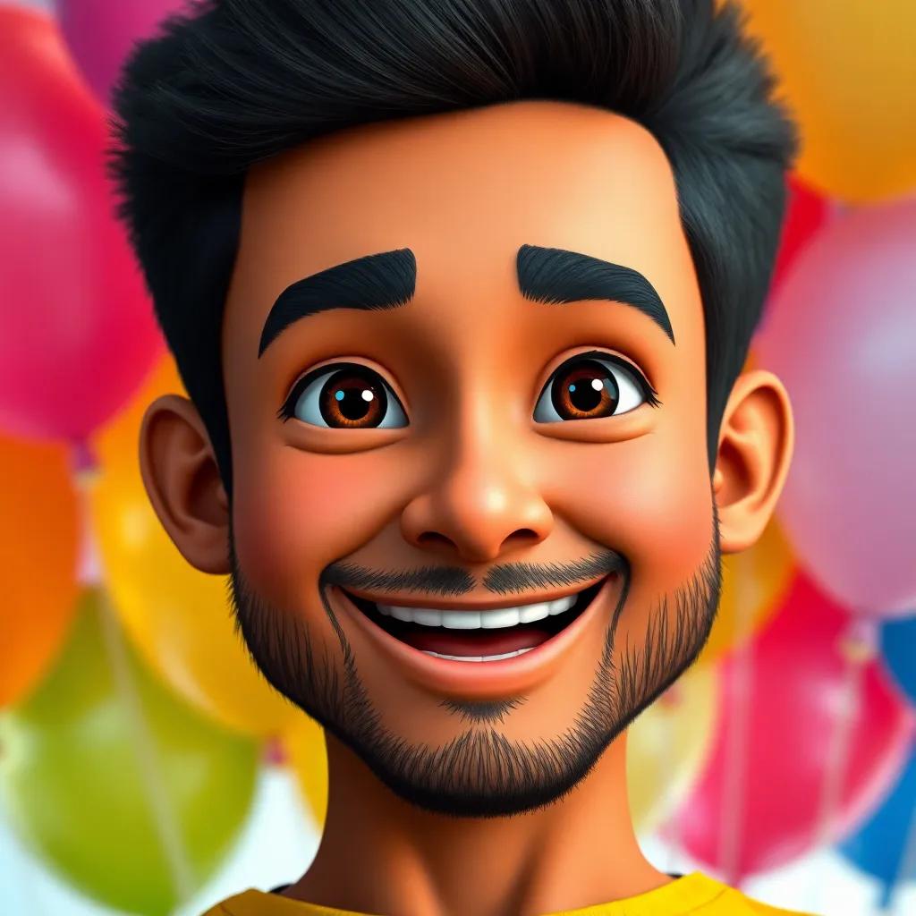 A close-up of Ammar's proud and happy face, with a background of colorful balloons, symbolizing success and determination, joyful expression, digital art, high quality, bright and colorful