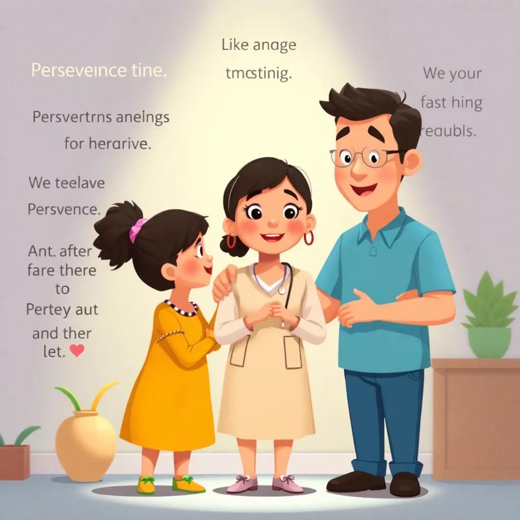 A nurturing image of the teacher and friends supporting each other, with phrases about perseverance and friendship in the background, heartwarming and motivational