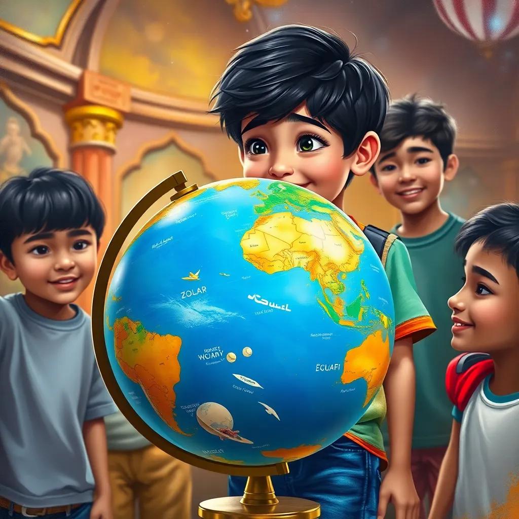 A curious Arab boy, Ammar, with short black hair, wearing a colorful t-shirt and jeans, excitedly looking at a globe of the solar system, surrounded by his friends, digital art, vibrant colors, joyful atmosphere, high quality