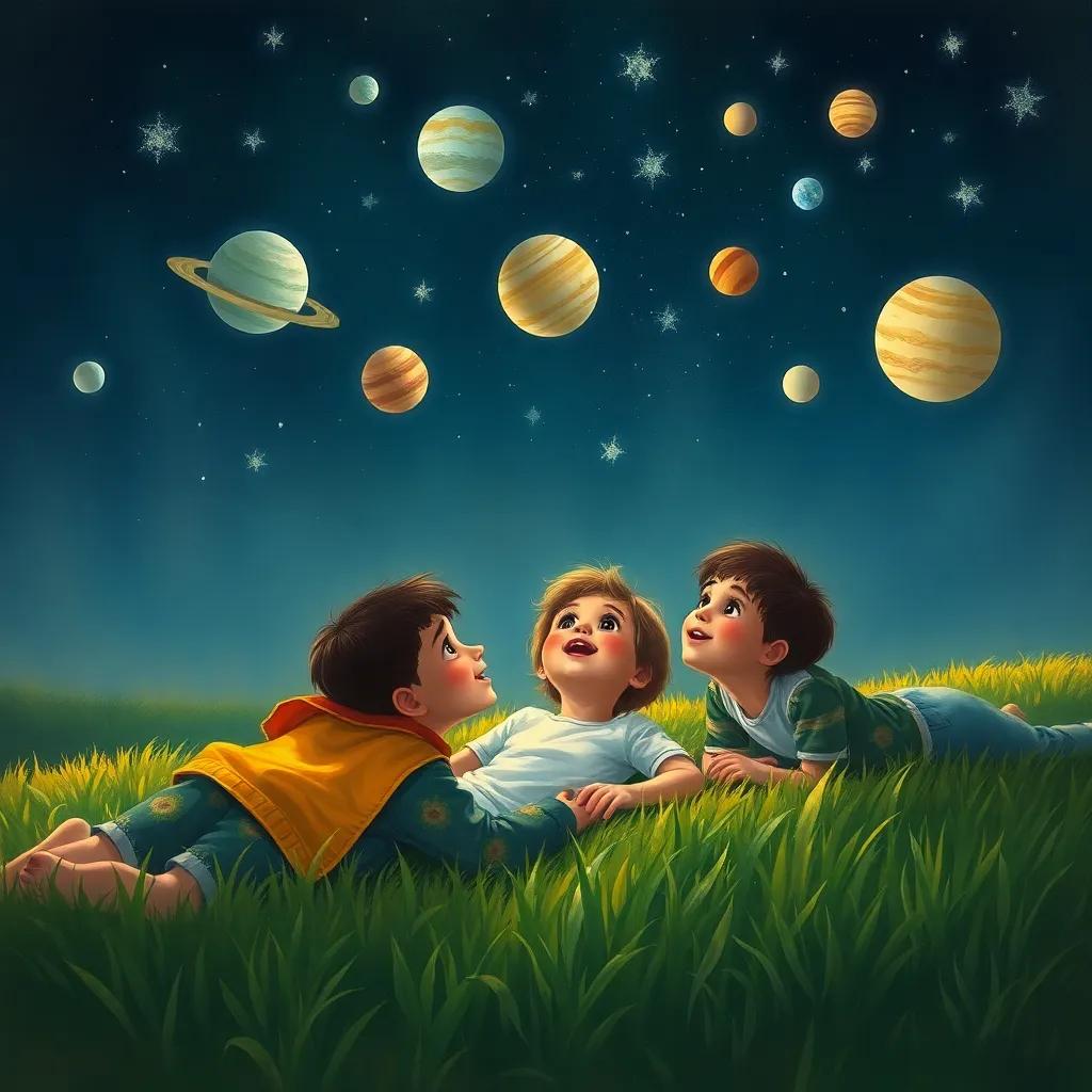 A group of children, including Ammar, lying on the grass, looking up at the starry night sky, speaking excitedly about planets, detailed illustration, nighttime setting, warm light, inviting, heartwarming