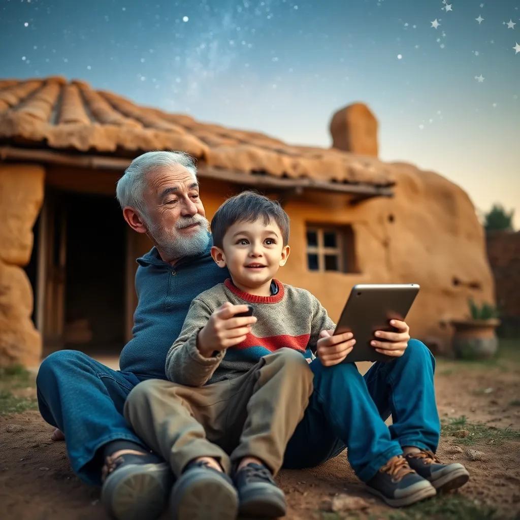 A young boy sitting next to his grandfather in the yard of a clay house, holding a tablet and looking amazed, under a starry sky, colorful, cozy scene, child-friendly, bright light