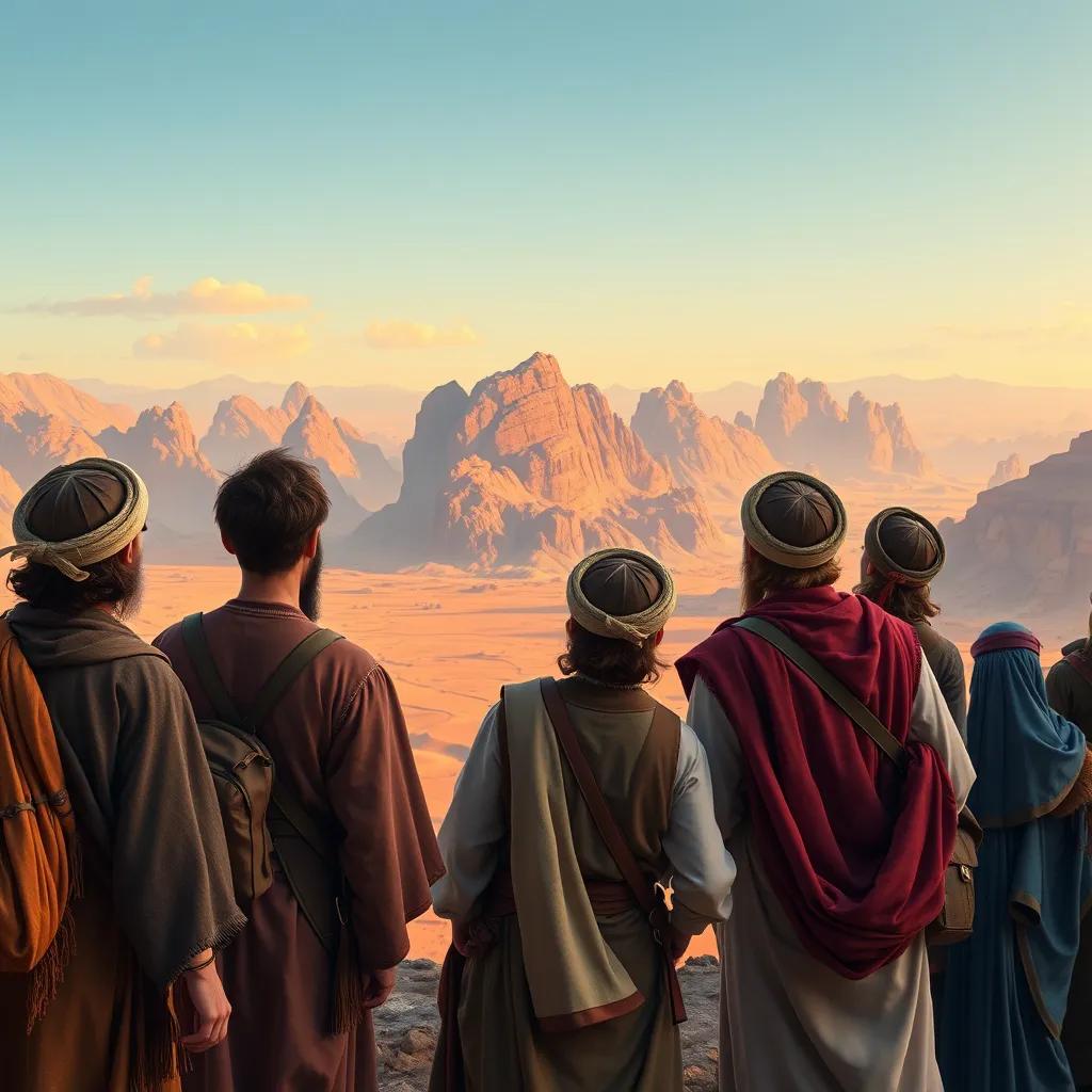 A group of European travelers, wearing traditional 17th-century clothing, admiring the tall mountains and vast deserts of Oman, detailed digital art, warm colors, awe-inspiring atmosphere, high quality