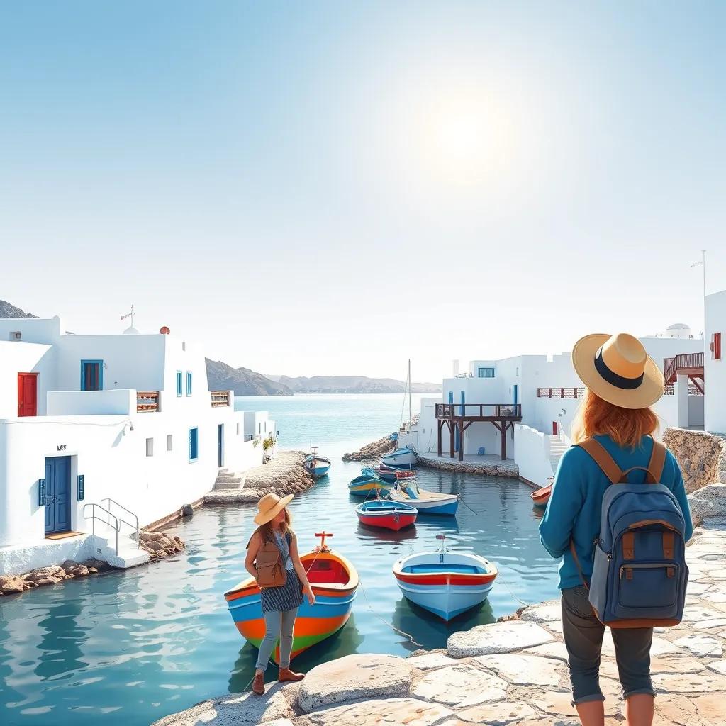 European travelers with maps and pencils, sketching the white houses and colorful boats under the sun by the coast of Oman, lively scene, cheerful, vibrant, artistic, high quality