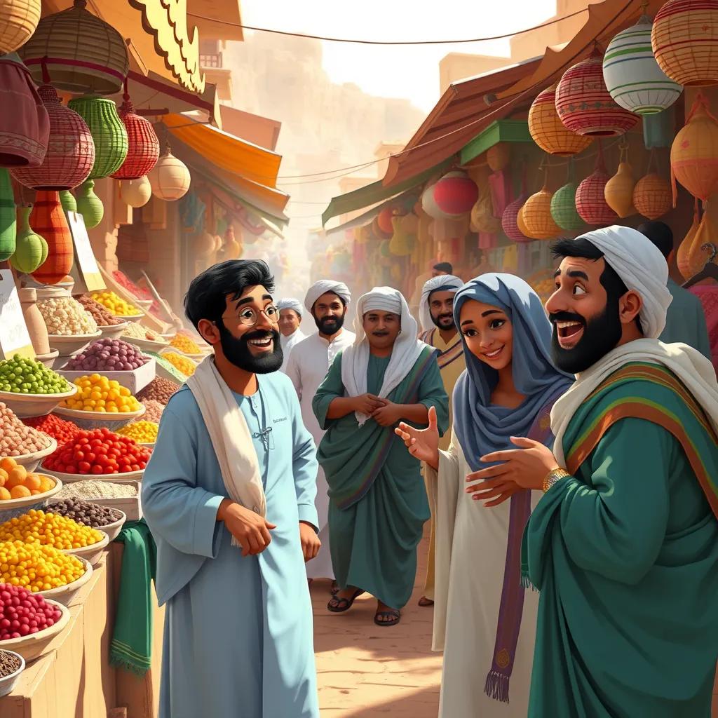 Bustling market scenes in Oman, filled with colorful spices, fruits, and handmade crafts, happy Omanis dressed in traditional clothes, engaging in lively discussions, bright setting, detailed illustration, warm light, high quality