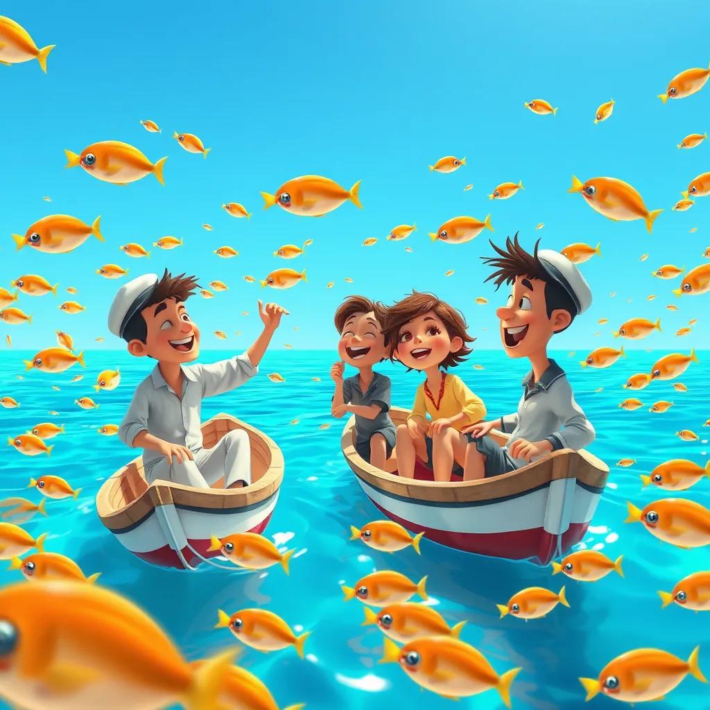 Sailors on small boats in the blue waters of Oman, surrounded by swimming fish, laughing and singing together under the bright sunshine, whimsical and joyful atmosphere, digital art, high quality
