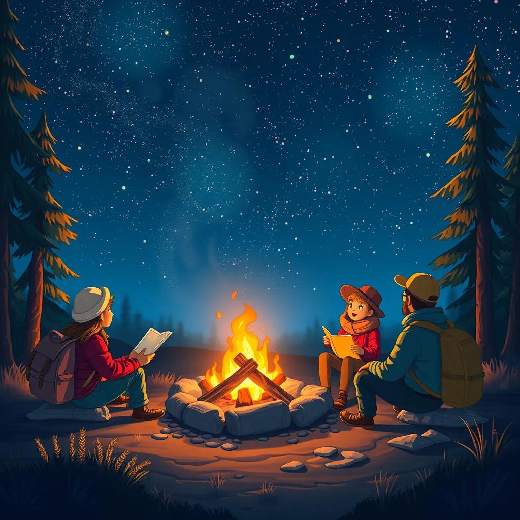 A warm campfire at night, with travelers sharing stories and gazing at the starry sky filled with twinkling stars, a cozy and inviting environment, heartwarming illustration, high quality