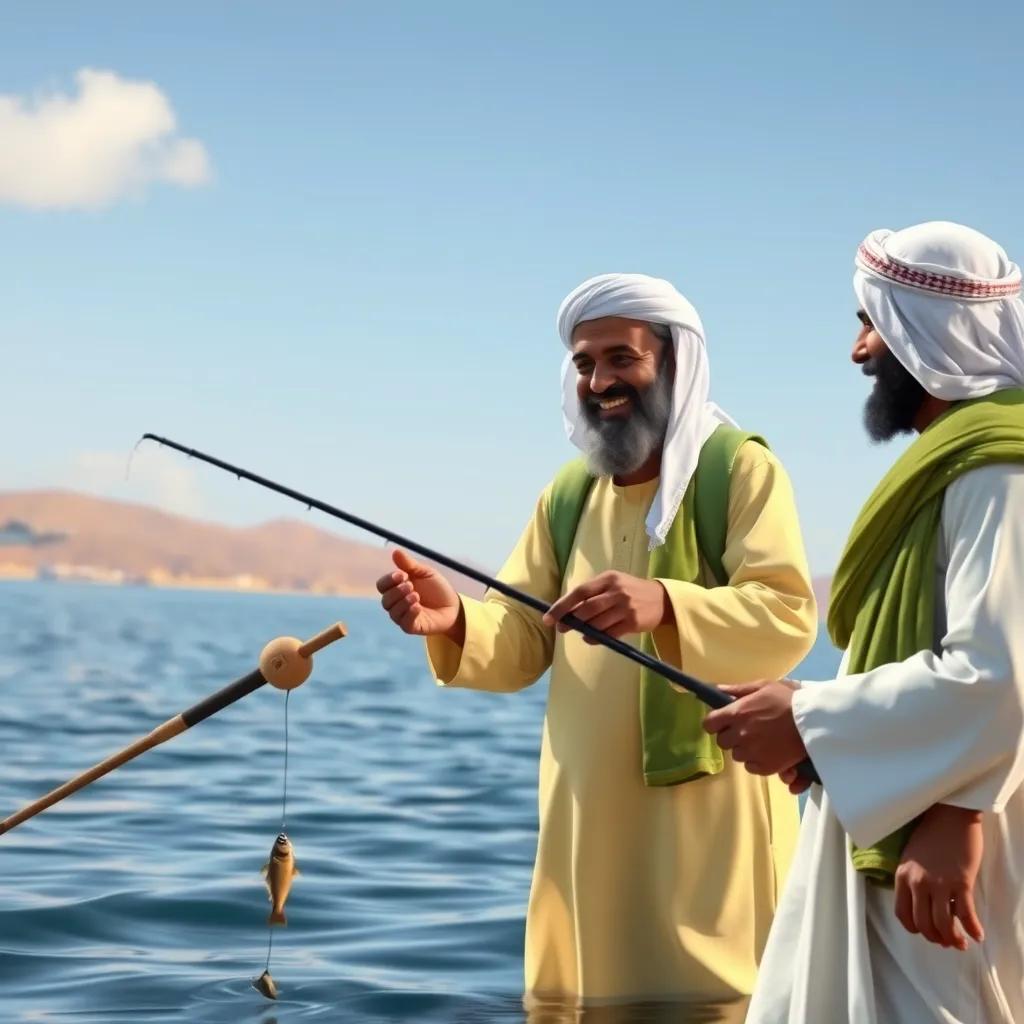 Omani men showing European travelers how to fish, smiling and teaching by the water, joyful interaction in a warm atmosphere, detailed digital art, high quality