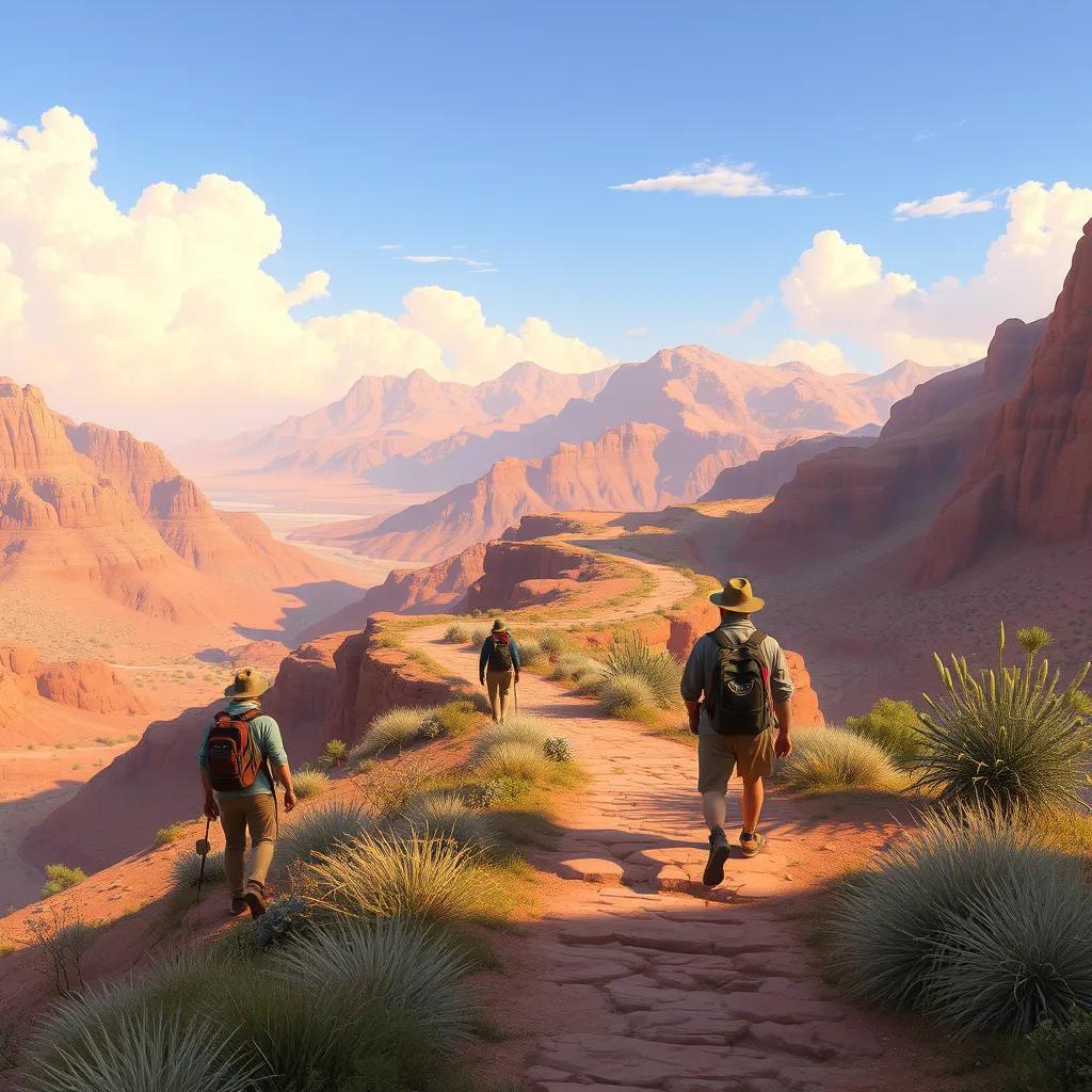 Travelers exploring old trails and beautiful valleys in Oman, surrounded by stunning scenery and ancient paths, each step revealing new stories, adventurous and vibrant illustration, high quality