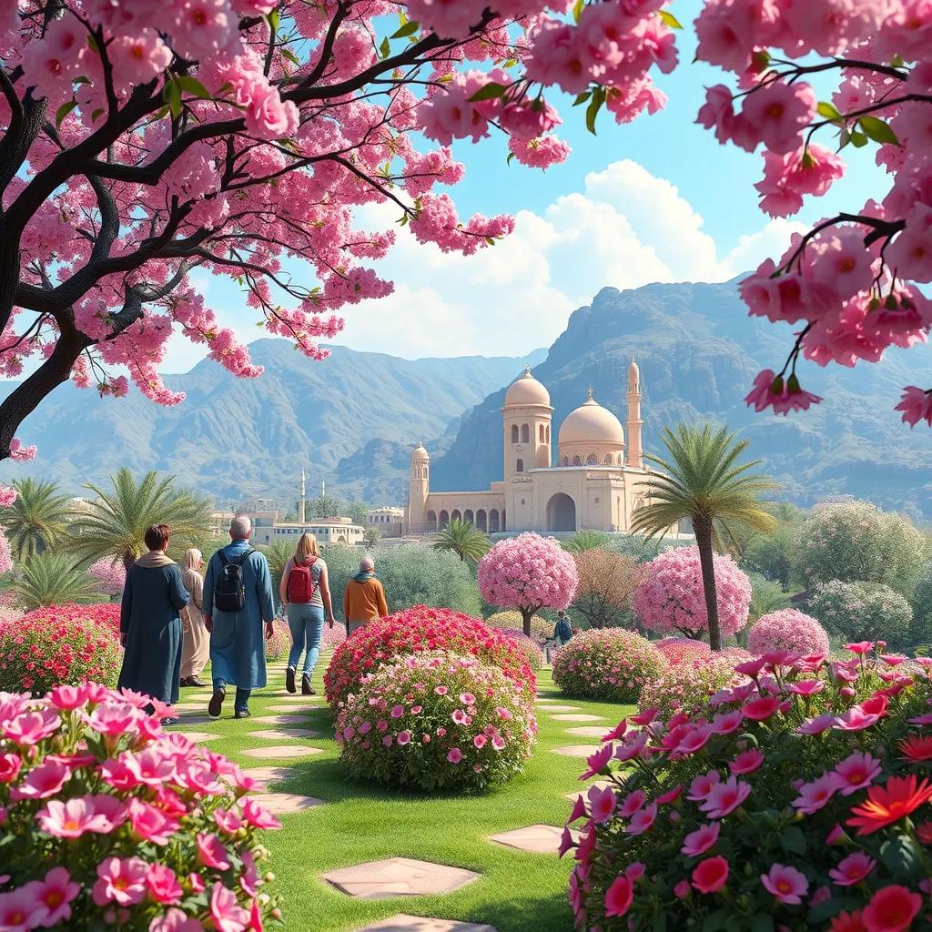 Oman in springtime with blooming flowers and lush greenery, travelers amazed by the magical landscape and fragrant air, colorful scene, fairy-tale vibe, high quality