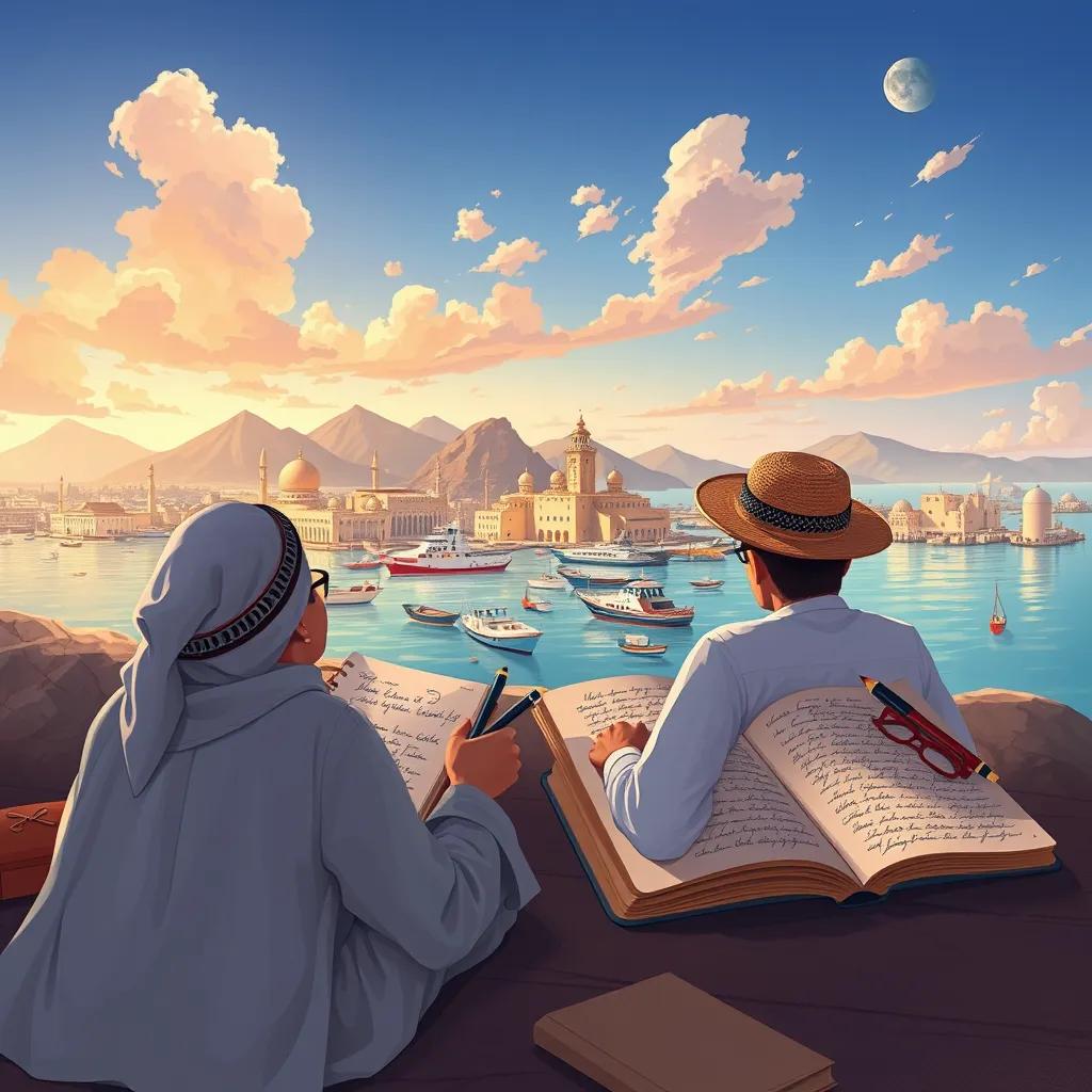 European travelers writing in their notebooks about Oman, capturing memories and experiences, with the beauty of Oman in the background, nostalgic illustration, rich colors, high quality