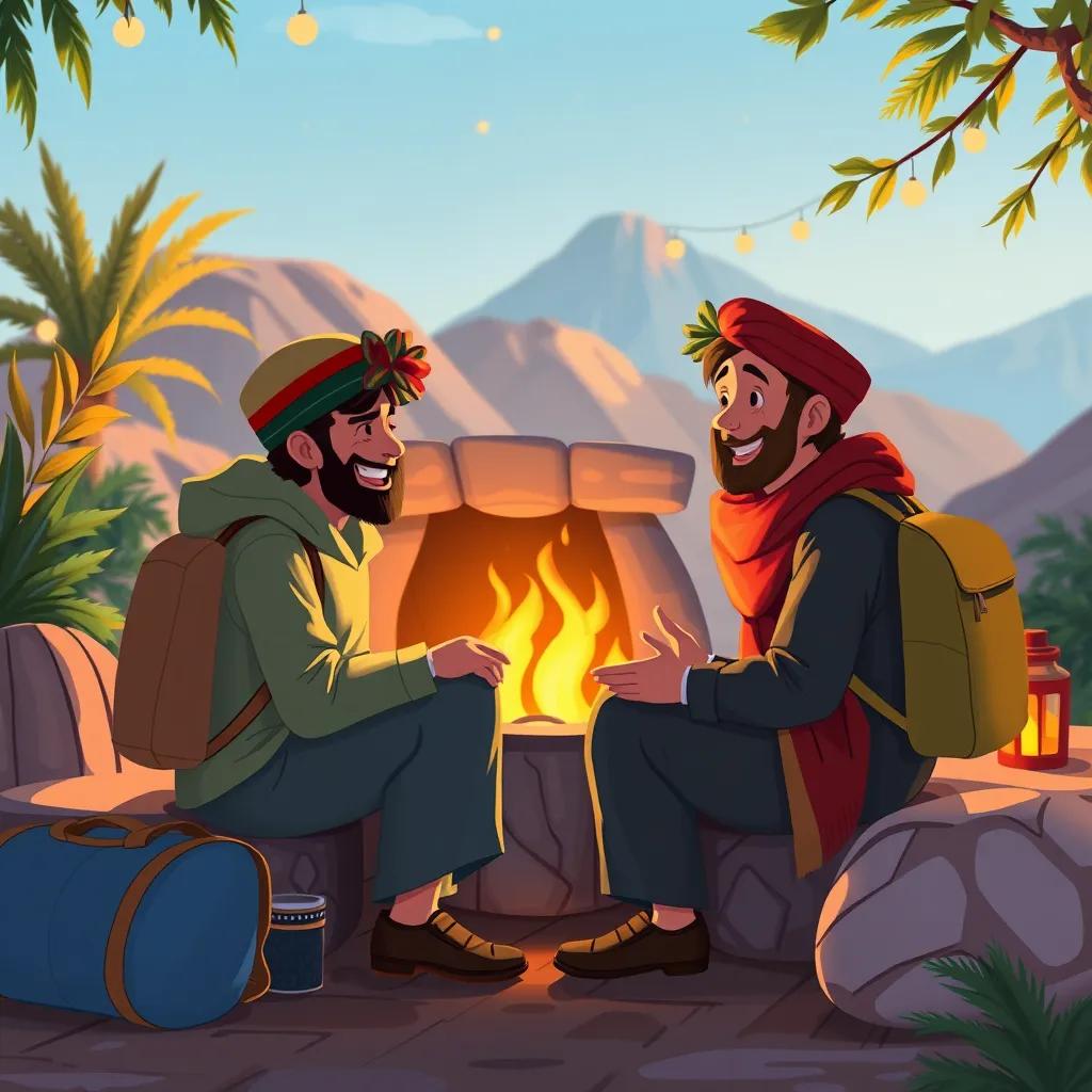 Travelers reminiscing about their adventures in Oman, sharing laughs and memories by a fireplace, surrounded by nature, warm and inviting atmosphere, heartwarming illustration, high quality