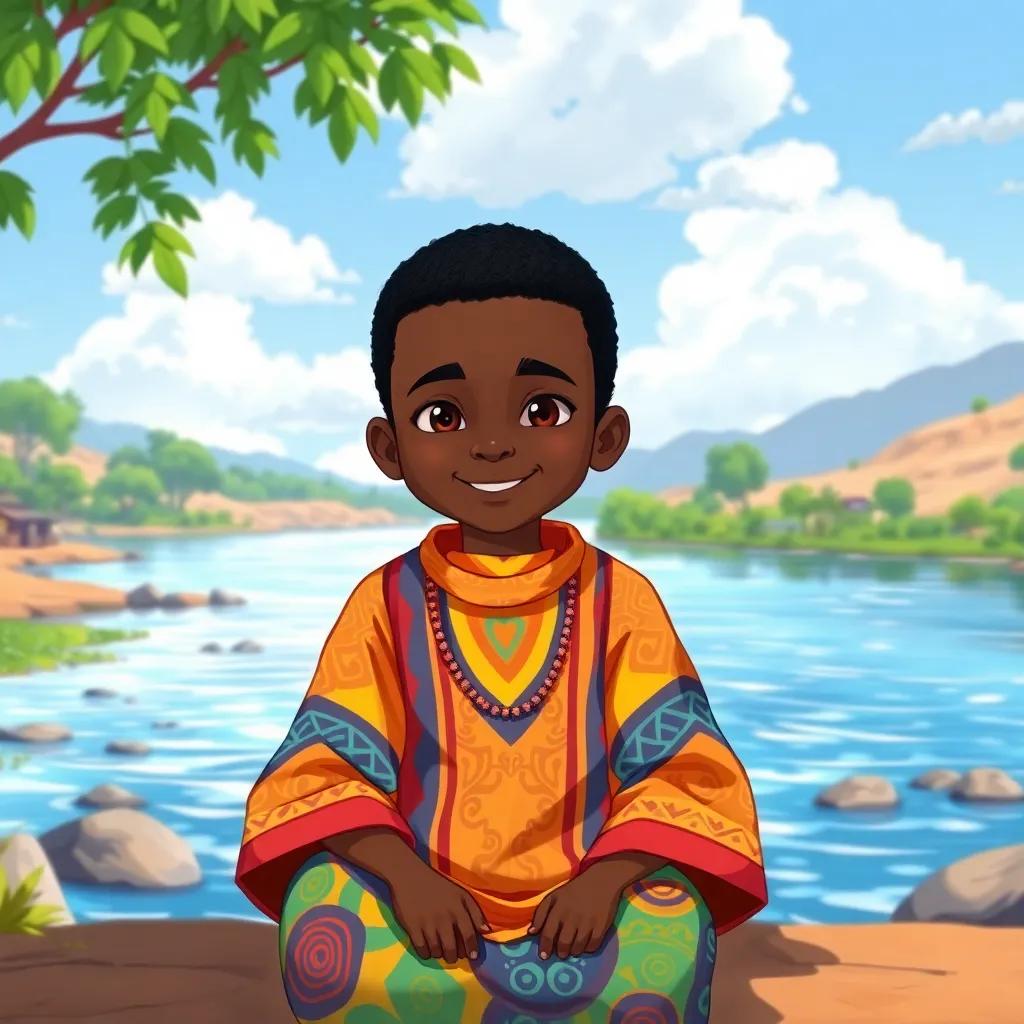 A young African boy, Umar Fouta, with short black hair, wearing a colorful traditional outfit, sitting by a great river, smiling confidently, illustration, vibrant colors, peaceful setting, storytelling view, high quality