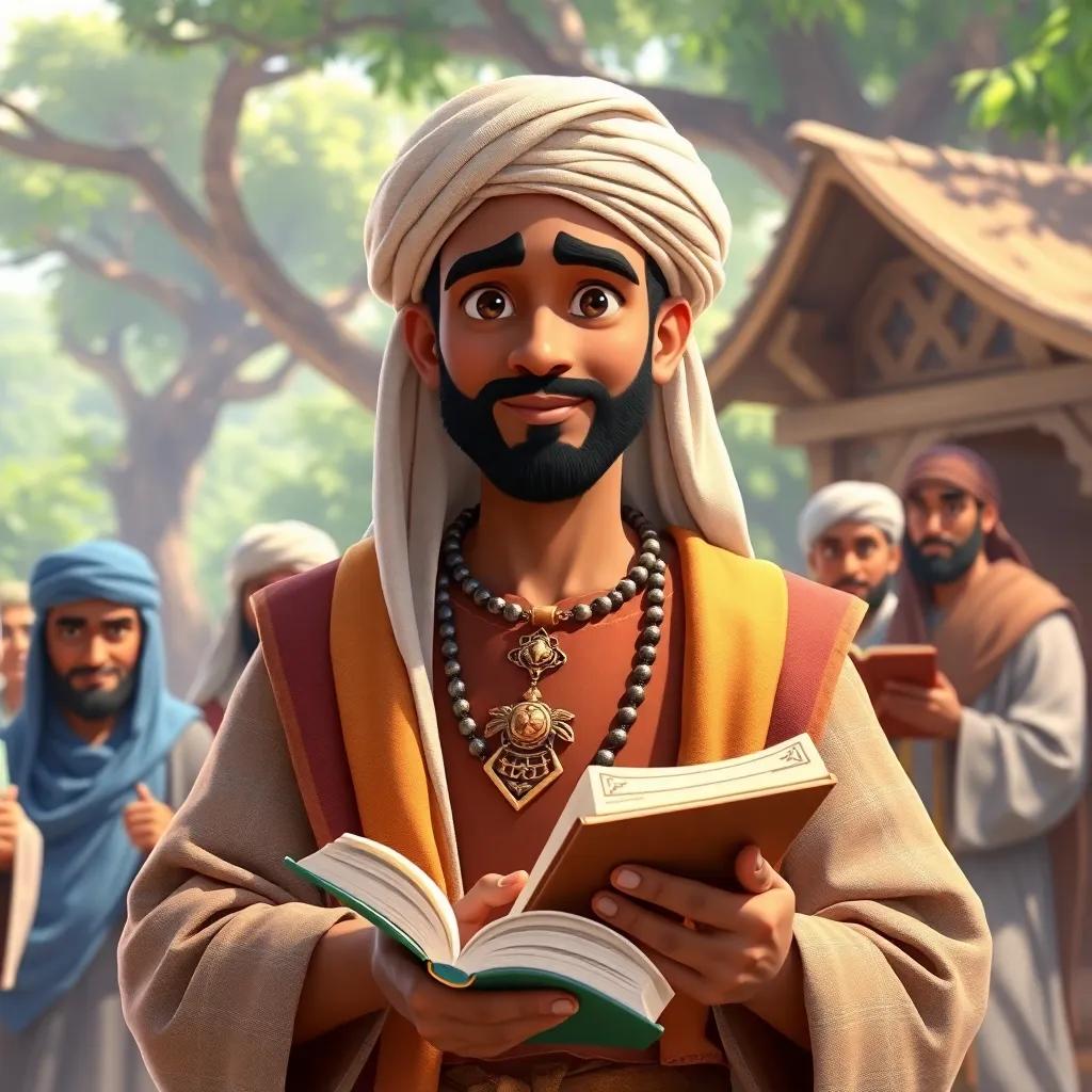 A determined Umar Fouta, now a man in his thirties, wearing traditional warrior attire, holding a book, surrounded by scholars in a lush village, digital art, bright colors, educational atmosphere, high quality