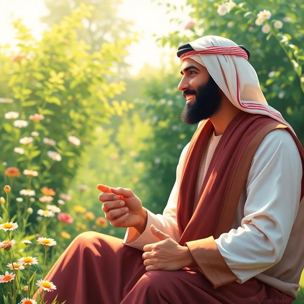 A father, a Middle-Eastern man in his 30s, wearing a traditional thobe, sitting in a green garden with flowers, holding his son's hand, a warm and loving atmosphere, bright sunlight, digital art, vibrant colors, joyful scene, high quality