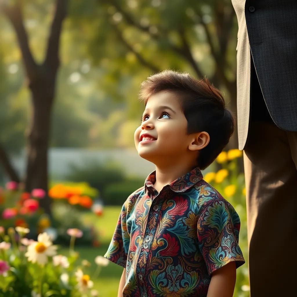 A young boy, a Middle-Eastern child around 5 years old, wearing a colorful shirt and shorts, looking up at his father with curiosity, surrounded by trees and flowers in the garden, cheerful and engaging, soft light, friendly ambiance, high quality