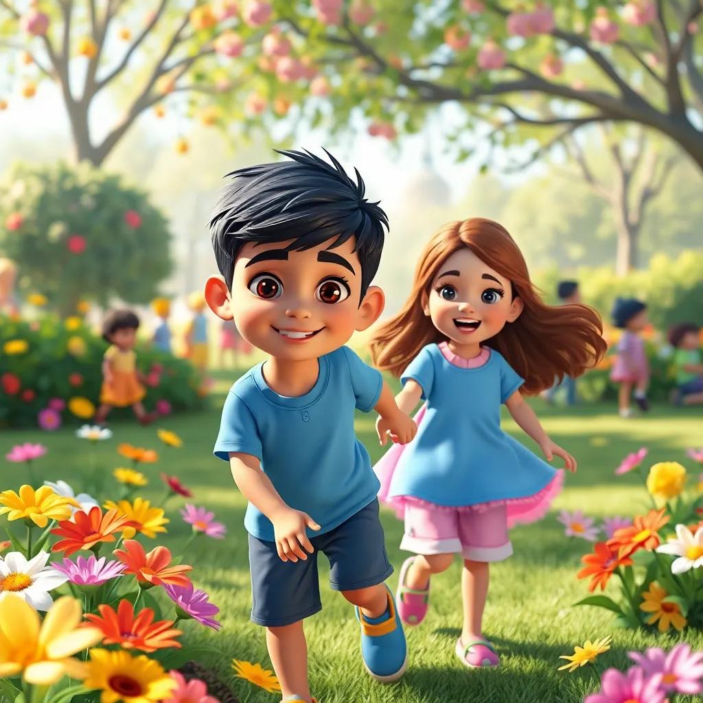A young Arab boy, Omar, with short black hair wearing a blue t-shirt and shorts, playing with his sister, Laila, who has long brown hair wearing a pink dress, surrounded by colorful flowers and children playing in a sunny park, cheerful atmosphere, digital art, vibrant colors, playful mood, high quality