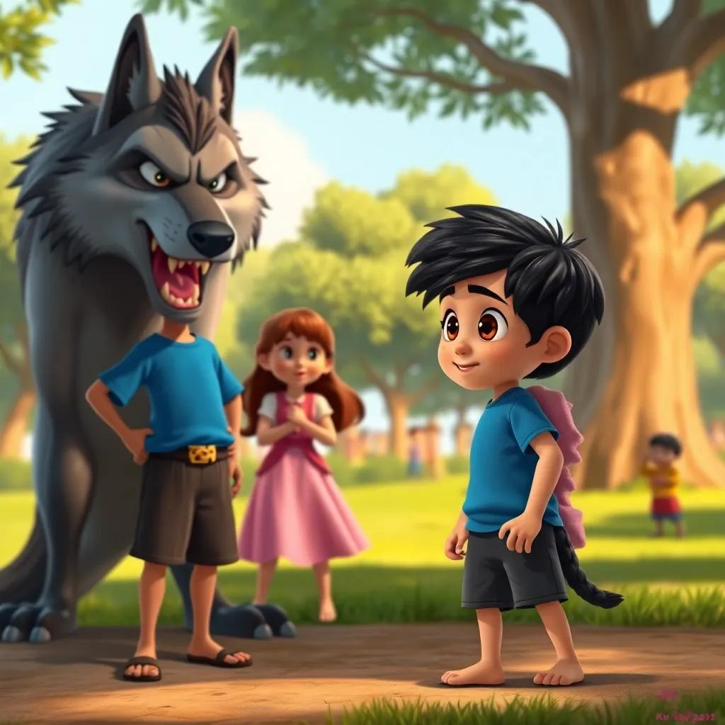 Omar, a young Arab boy with short black hair in a blue t-shirt and shorts, standing bravely before a big, scary wolf, while his sister, Laila, with long brown hair in a pink dress, hides behind him, in the park with trees and frightened children in the background, tense yet adventurous scene, colorful, warm light, high quality