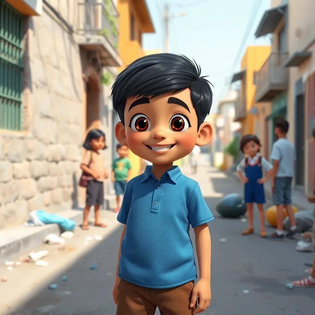 A young Arabic boy, Omar, with short black hair, wearing a blue shirt and brown shorts, meeting with his friends in a sunny neighborhood street with litter scattered around, cheerful expression, digital art, bright colors, inviting atmosphere, high quality