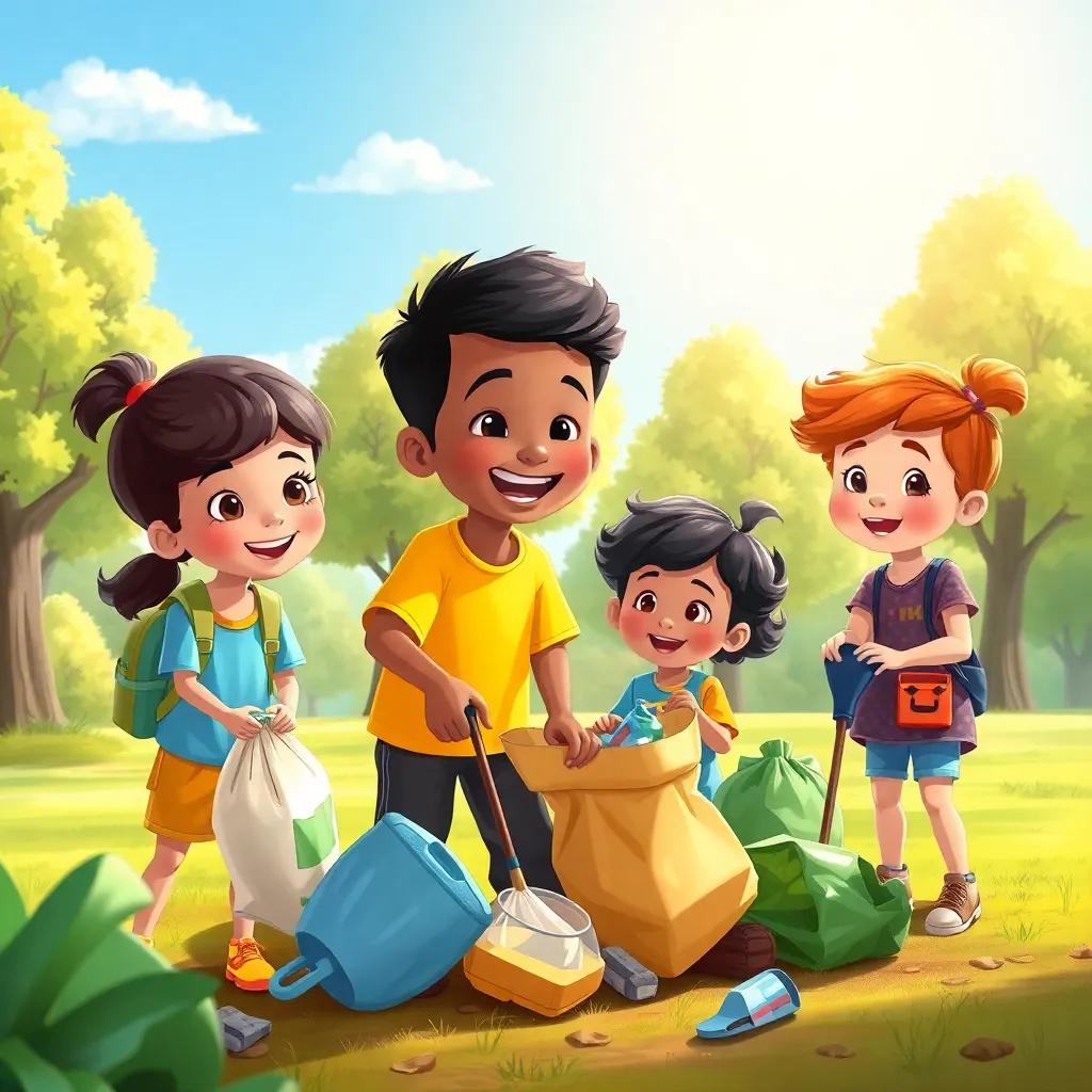 A lively scene of children including Omar, working together to clean a park, picking up trash with smiles, trees around them with a sunny sky, joyful atmosphere, illustration, colorful, child-friendly, high quality