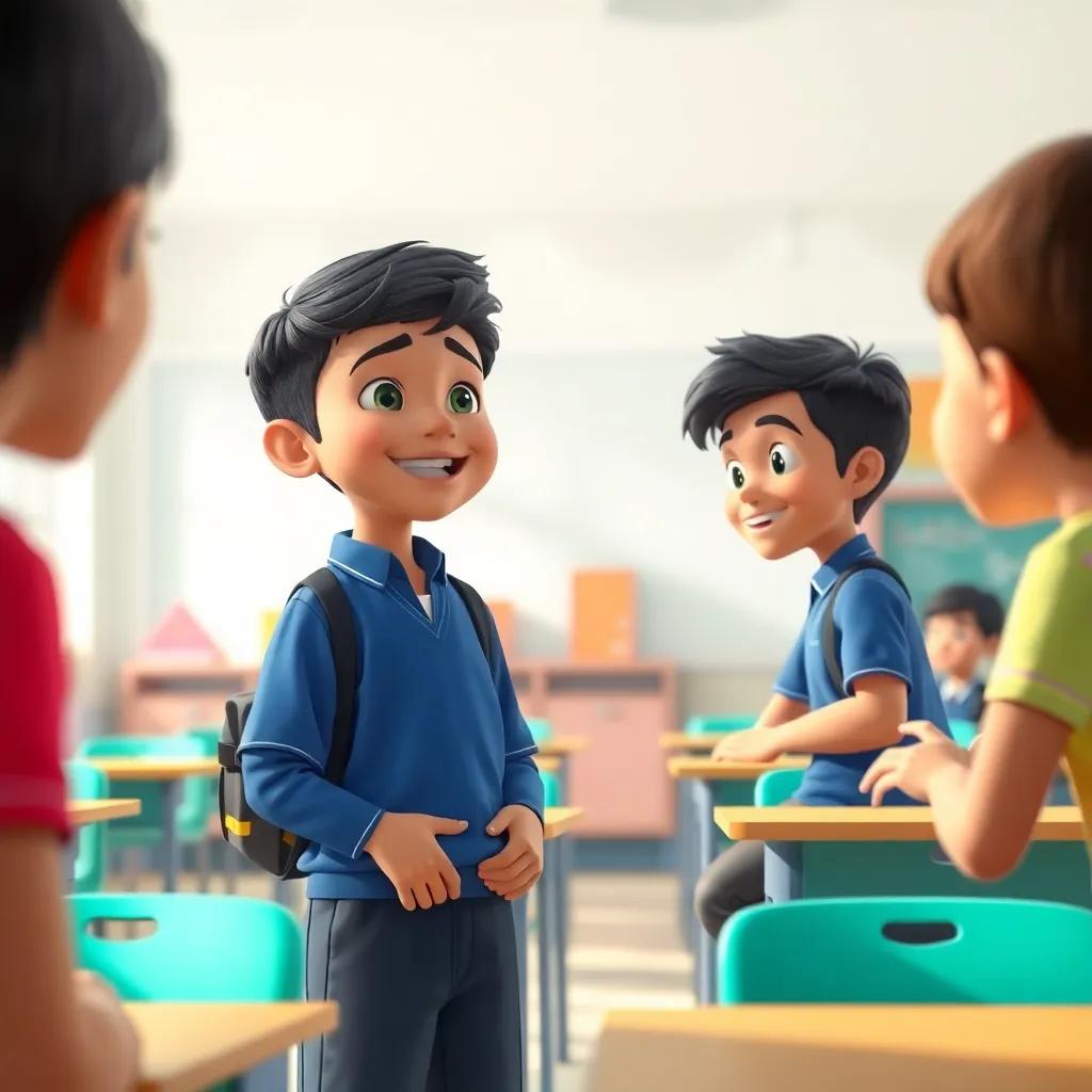 A young Arab boy, Omar, with short black hair, wearing a blue school uniform, cheerfully talking with friends in a bright classroom, digital art, colorful, vibrant atmosphere, high quality