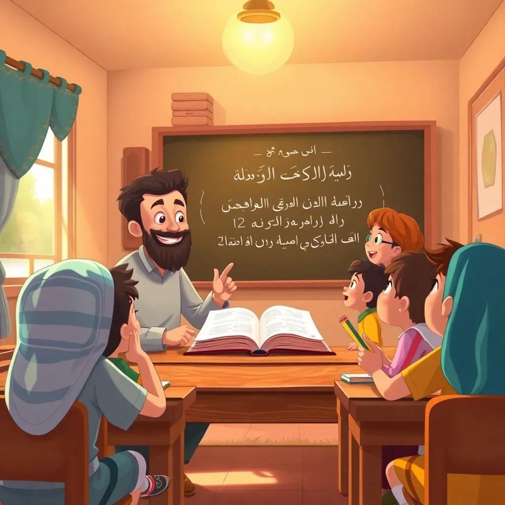 A classroom scene with a friendly teacher explaining Arabic literature to excited children, warm light, cozy environment, engaging discussion, illustration, inviting perspective, high quality