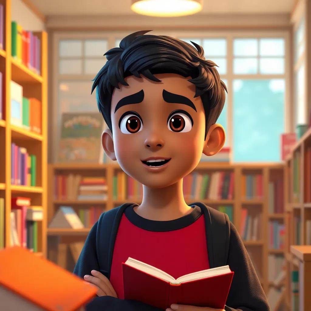 A young Arab boy, Omar, with short black hair, confidently speaking to friends in a cozy school library, surrounded by books, digital art, bright colors, warm atmosphere, high quality