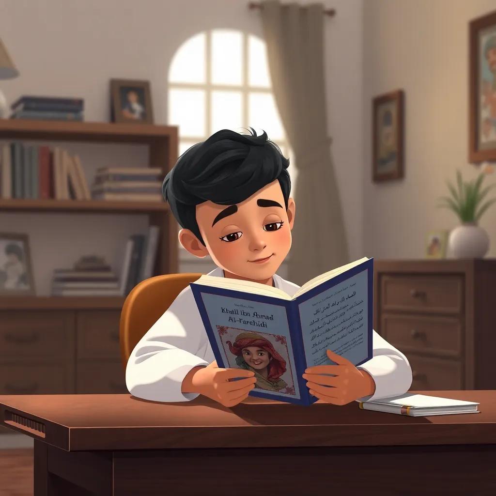 A young Arab boy, Omar, reading a book about Khalil Ibn Ahmad Al-Farahidi at his desk in his room, soft light, dark wood furniture, quiet and cozy, illustration, heartwarming scene, high quality